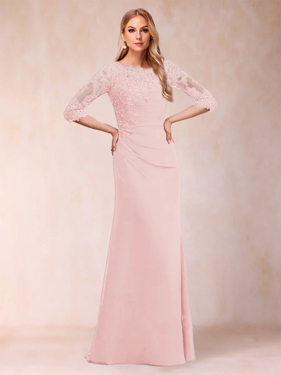 Sheath/Column Scoop 3/4 Sleeves Ruched Mother of the Bride Dresses with Applique - Image 25