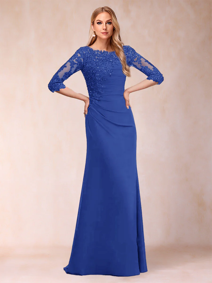 Sheath/Column Scoop 3/4 Sleeves Ruched Mother of the Bride Dresses with Applique - Image 26