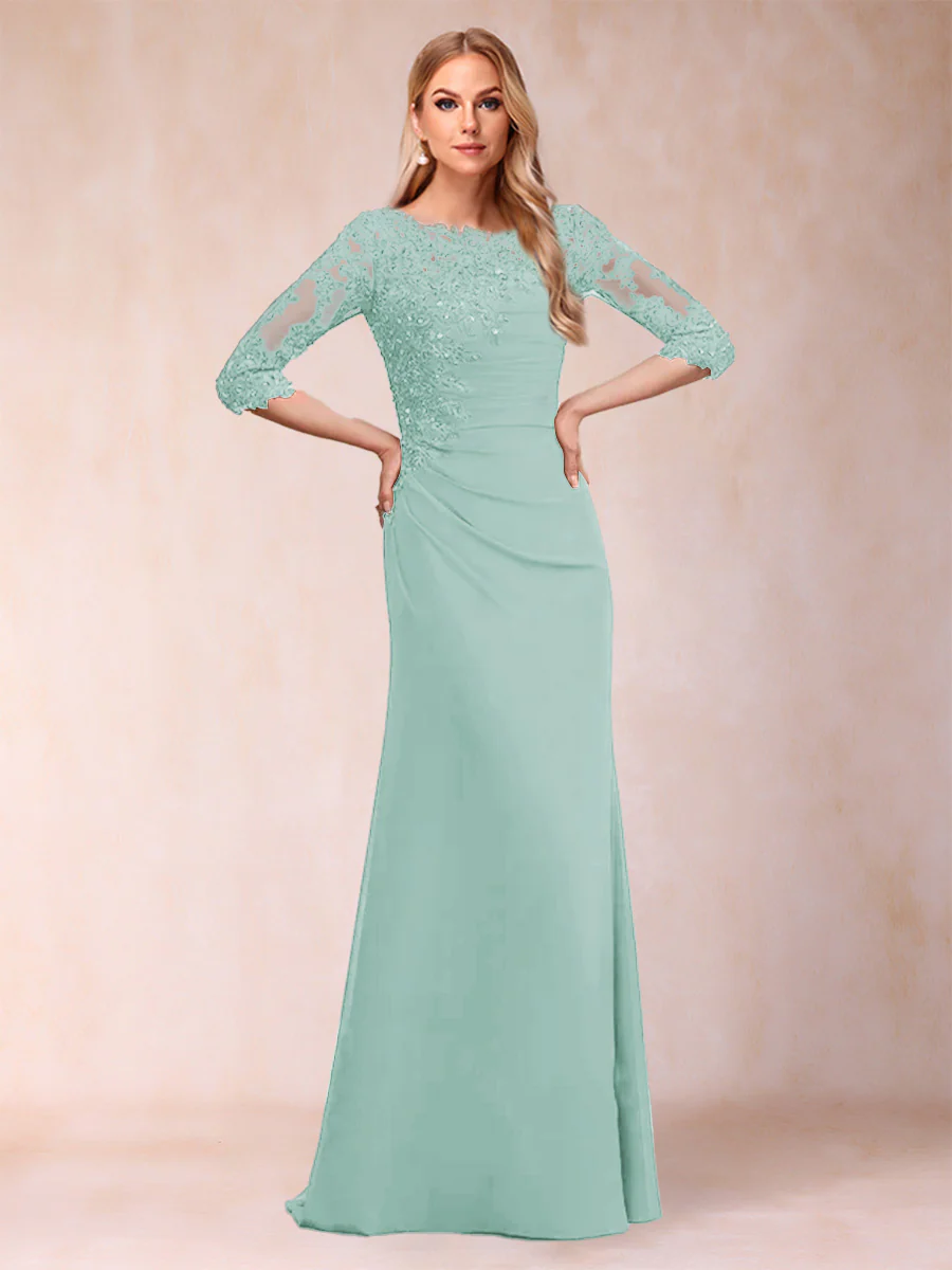 Sheath/Column Scoop 3/4 Sleeves Ruched Mother of the Bride Dresses with Applique - Image 31