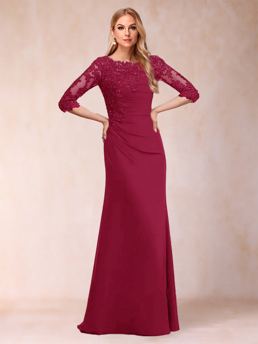 Sheath/Column Scoop 3/4 Sleeves Ruched Mother of the Bride Dresses with Applique - Image 46