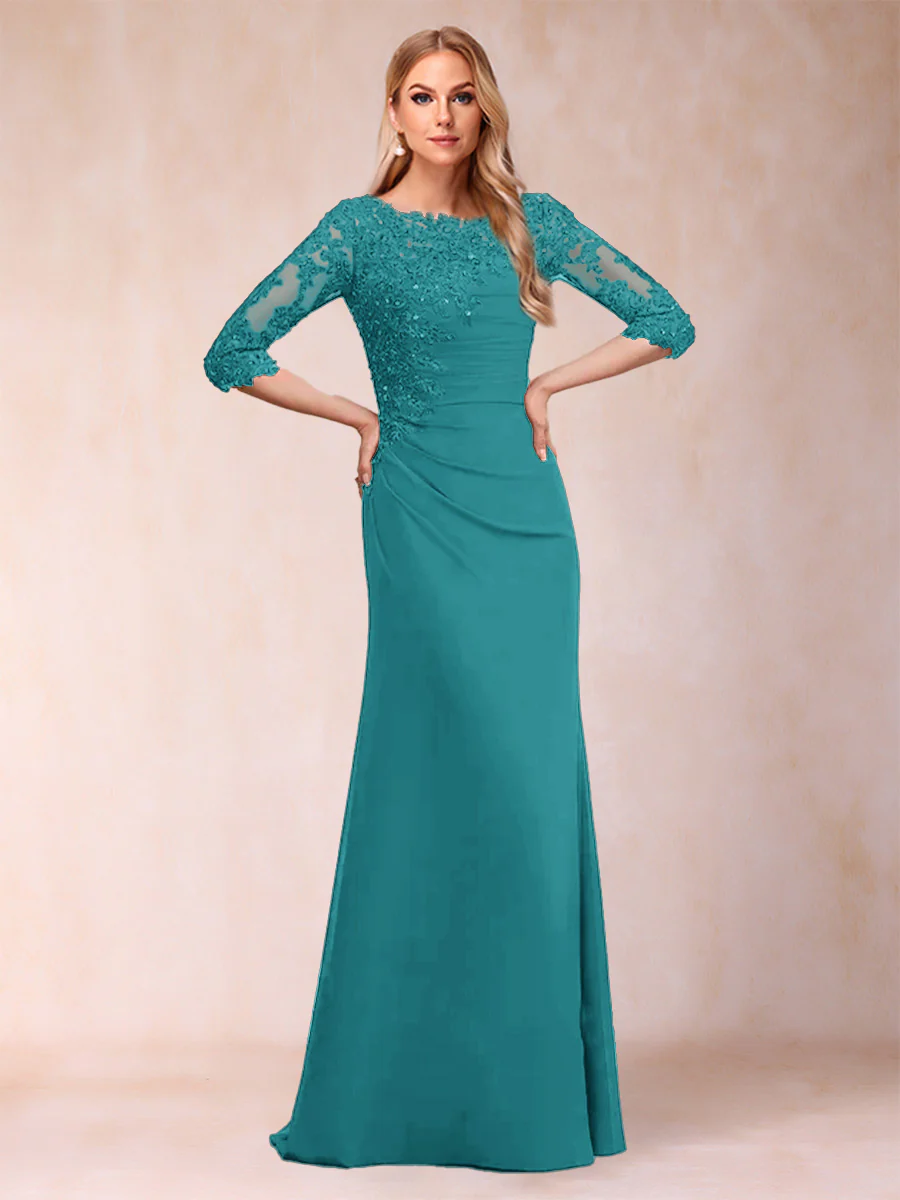 Sheath/Column Scoop 3/4 Sleeves Ruched Mother of the Bride Dresses with Applique - Image 49