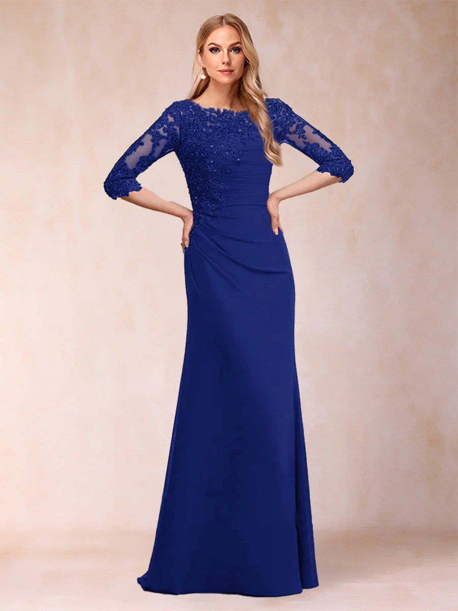 Sheath/Column Scoop 3/4 Sleeves Ruched Mother of the Bride Dresses with Applique - Image 54