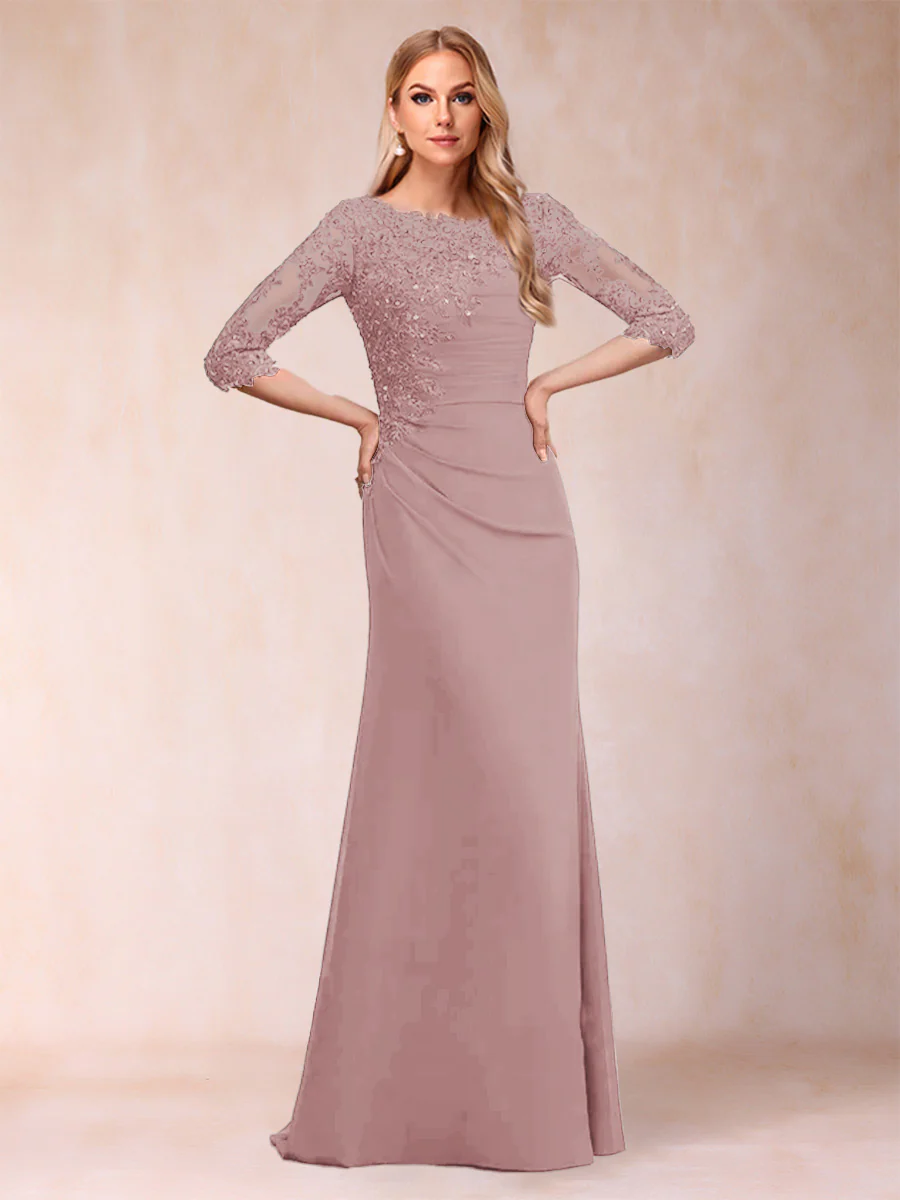 Sheath/Column Scoop 3/4 Sleeves Ruched Mother of the Bride Dresses with Applique - Image 56