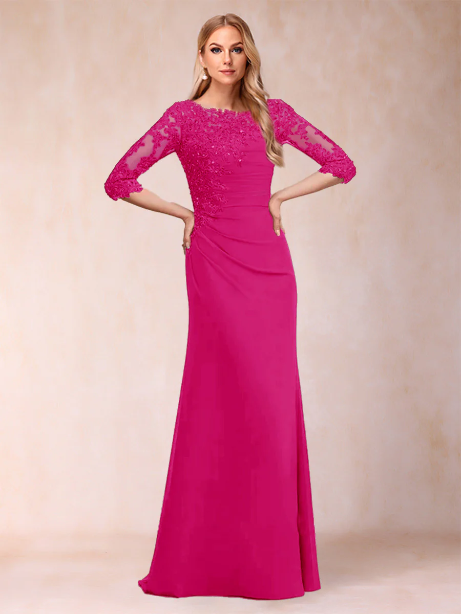 Sheath/Column Scoop 3/4 Sleeves Ruched Mother of the Bride Dresses with Applique - Image 58
