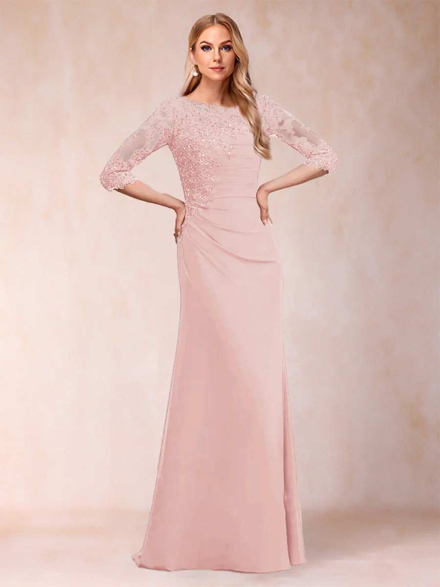 Sheath/Column Scoop 3/4 Sleeves Ruched Mother of the Bride Dresses with Applique - Image 67