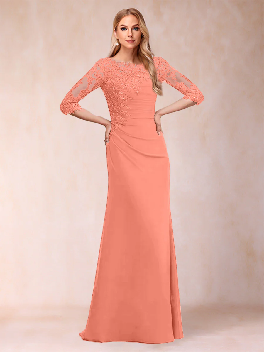 Sheath/Column Scoop 3/4 Sleeves Ruched Mother of the Bride Dresses with Applique - Image 70