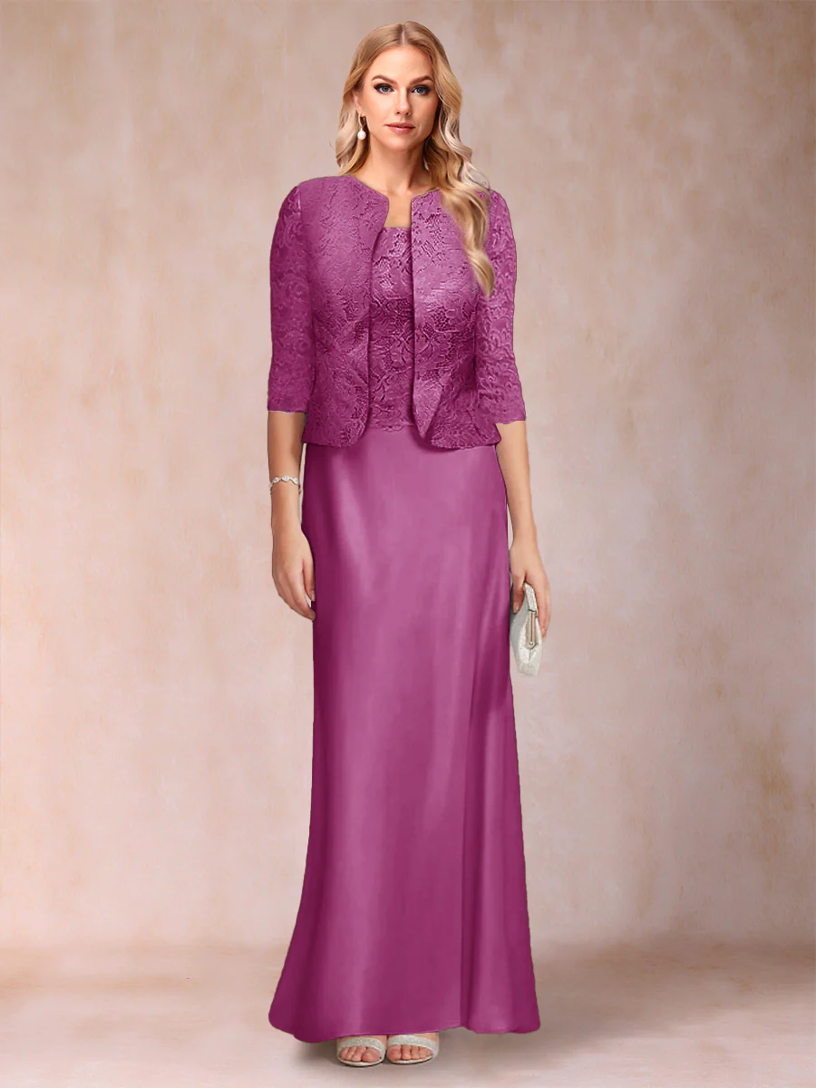 Sheath/Column Scoop Half Sleeves 3 Pieces Mother of the Bride Dress with Applique & Jacket - Image 43
