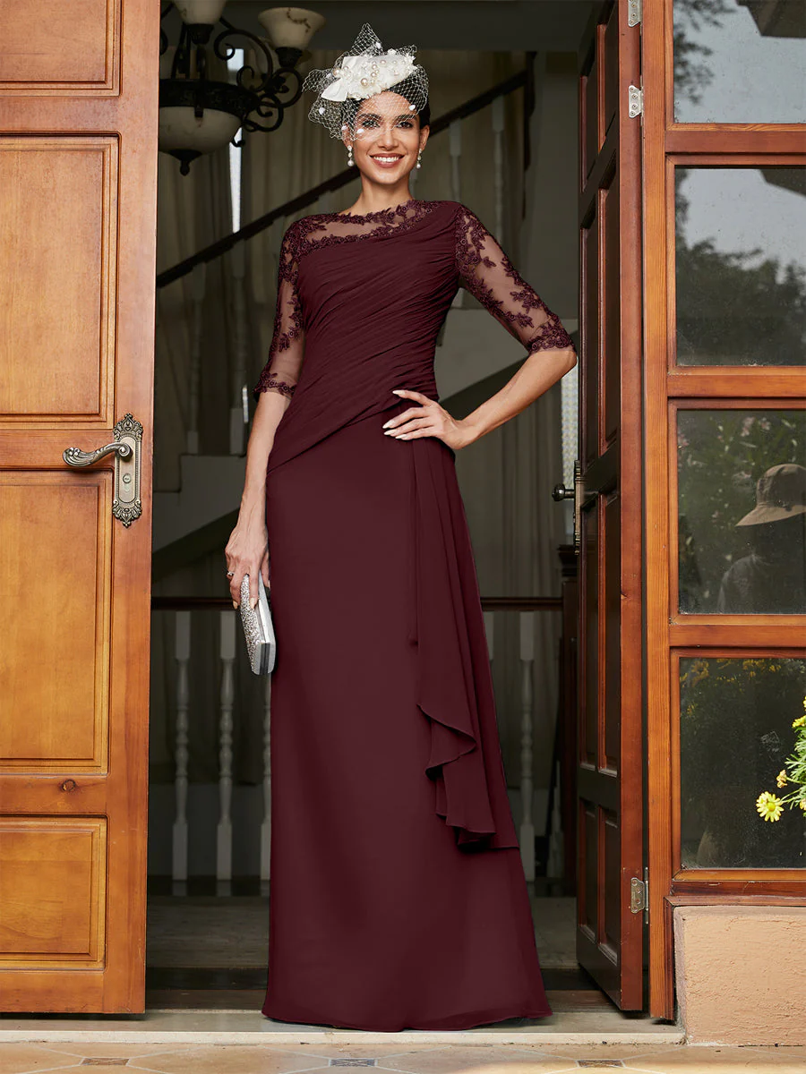 Sheath/Column Scoop Half Sleeves Long Evening Dresses with Appliques - Image 14
