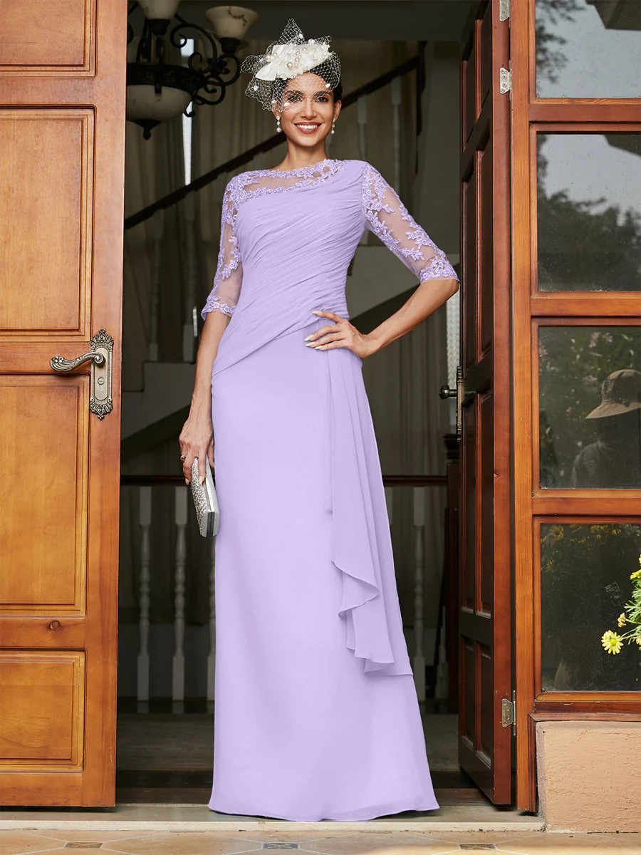 Sheath/Column Scoop Half Sleeves Long Evening Dresses with Appliques - Image 16