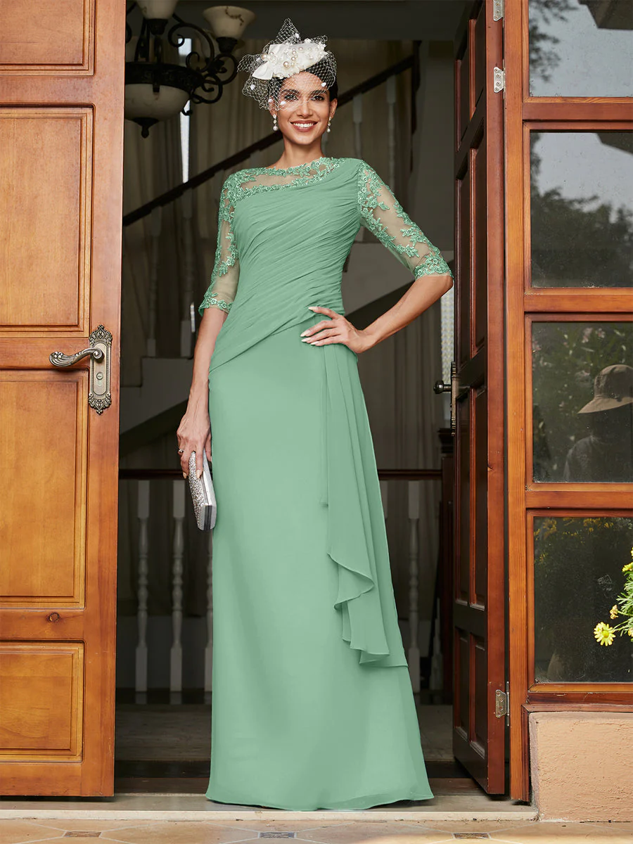 Sheath/Column Scoop Half Sleeves Long Evening Dresses with Appliques - Image 19