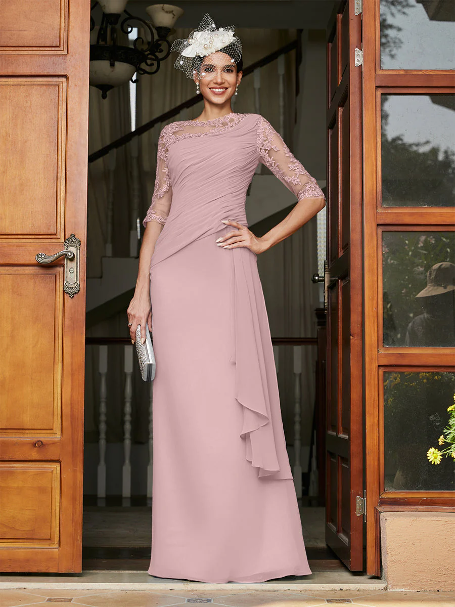 Sheath/Column Scoop Half Sleeves Long Evening Dresses with Appliques - Image 32