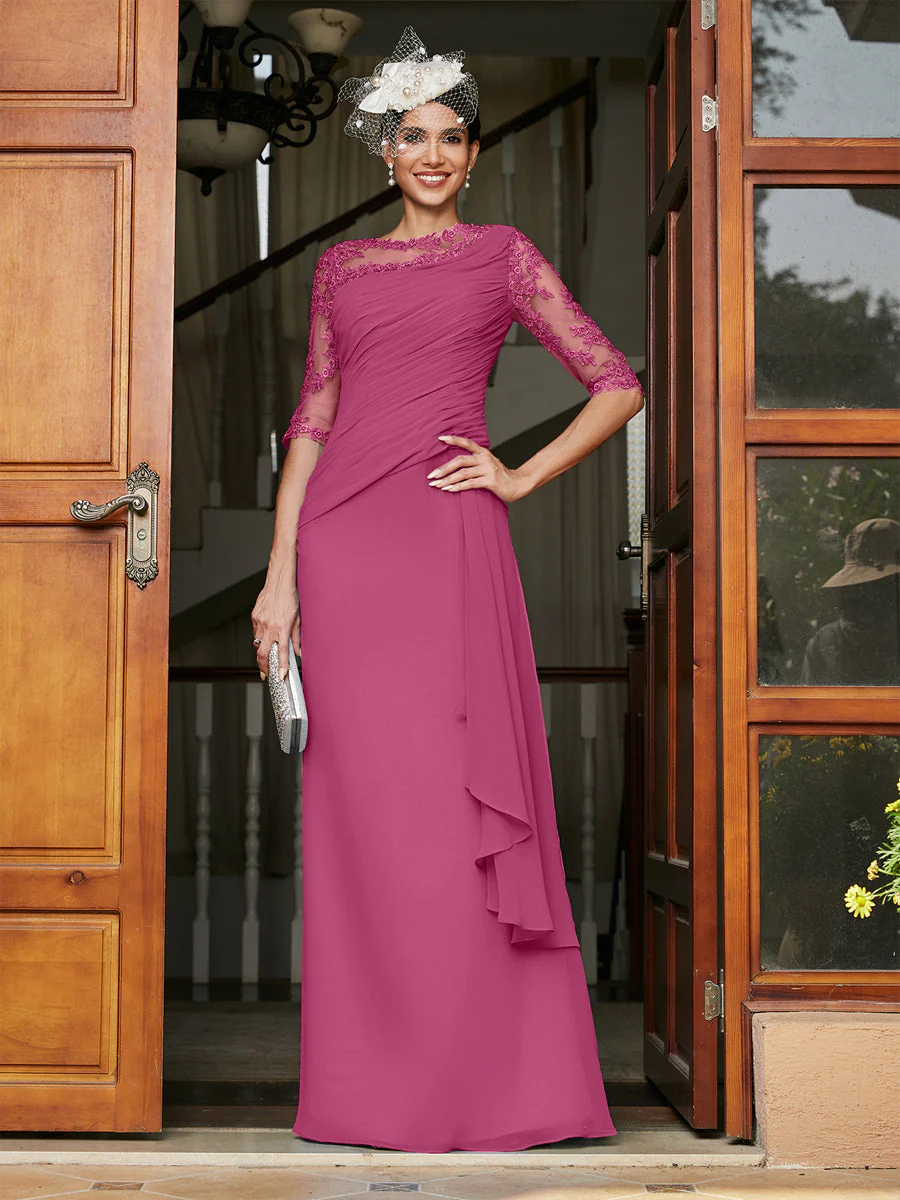 Sheath/Column Scoop Half Sleeves Long Evening Dresses with Appliques - Image 37