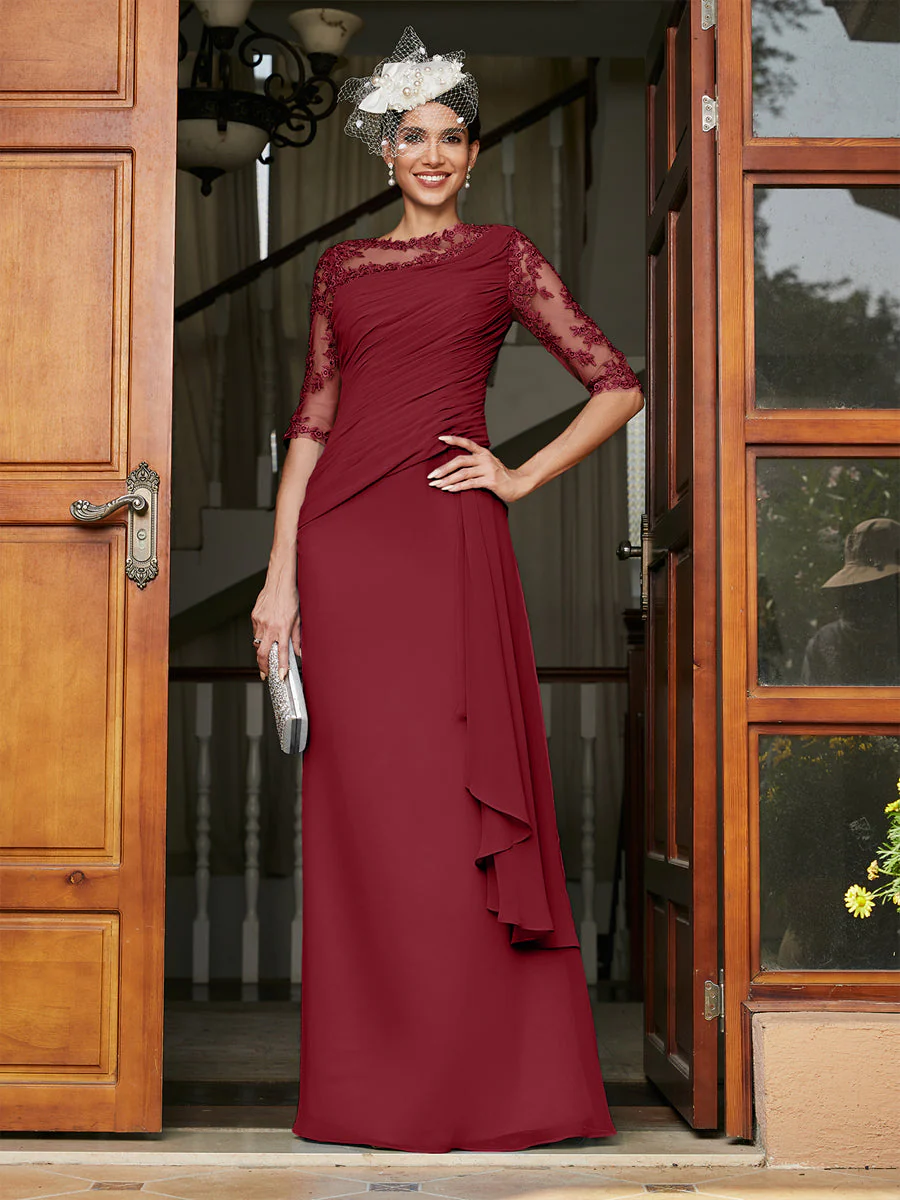 Sheath/Column Scoop Half Sleeves Long Evening Dresses with Appliques - Image 39