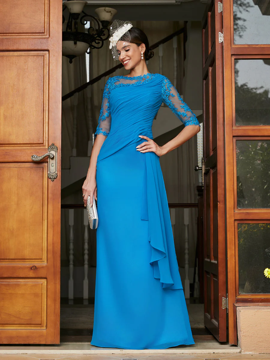 Sheath/Column Scoop Half Sleeves Long Evening Dresses with Appliques - Image 4