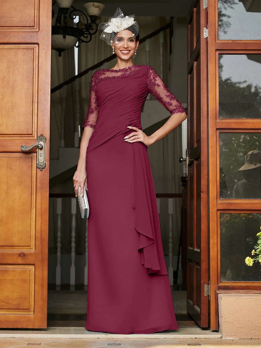 Sheath/Column Scoop Half Sleeves Long Evening Dresses with Appliques - Image 40