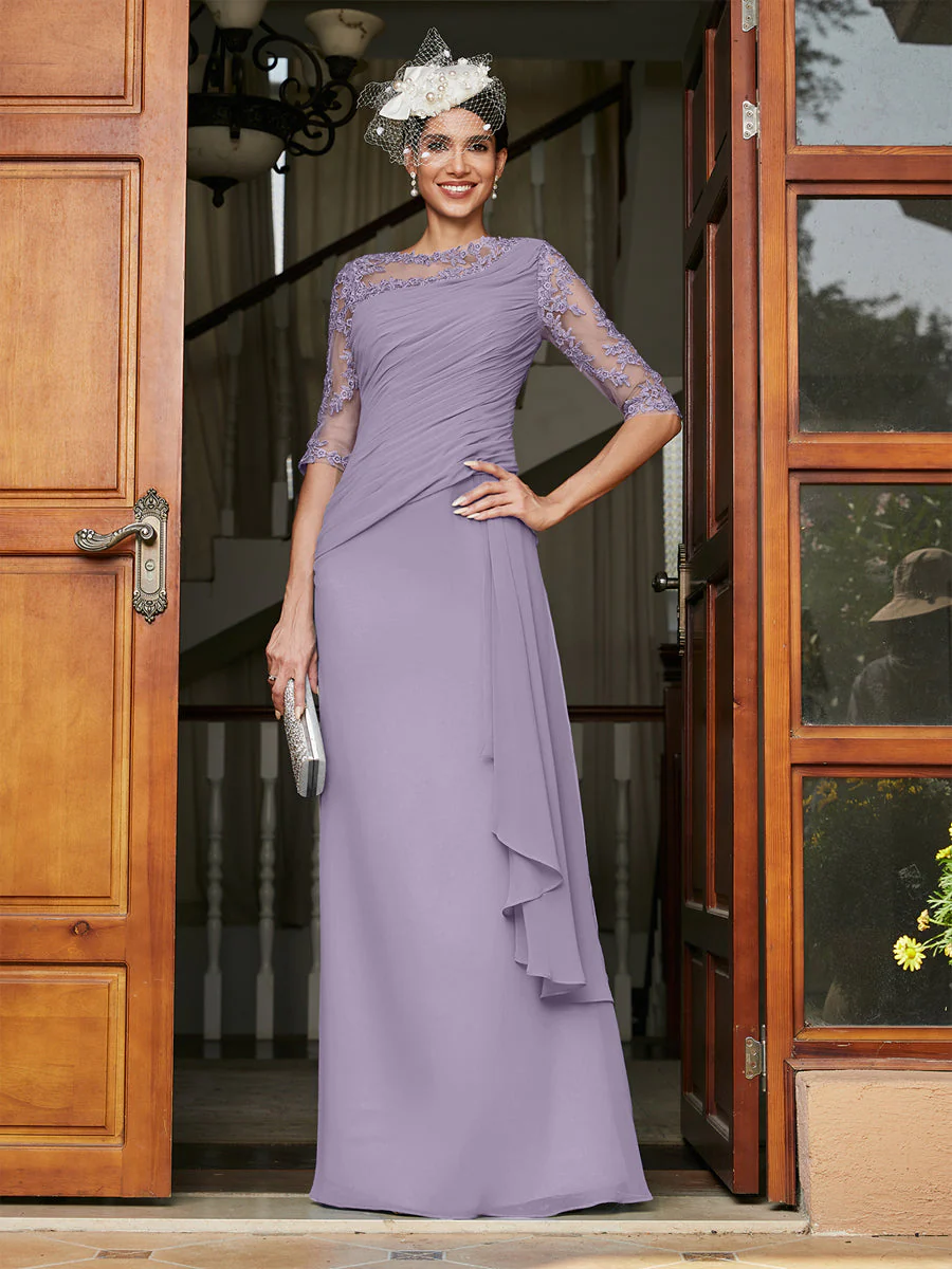 Sheath/Column Scoop Half Sleeves Long Evening Dresses with Appliques - Image 41