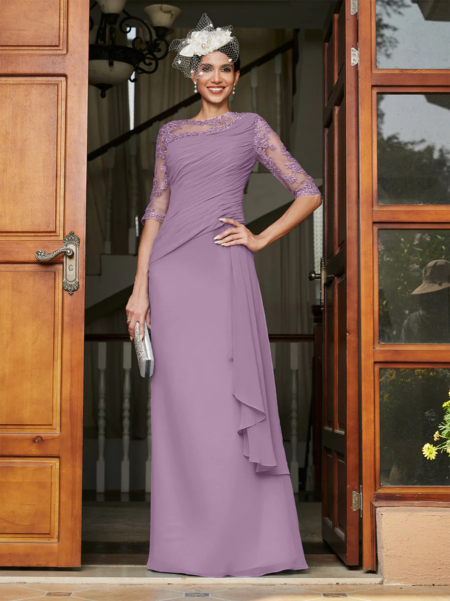 Sheath/Column Scoop Half Sleeves Long Evening Dresses with Appliques - Image 42