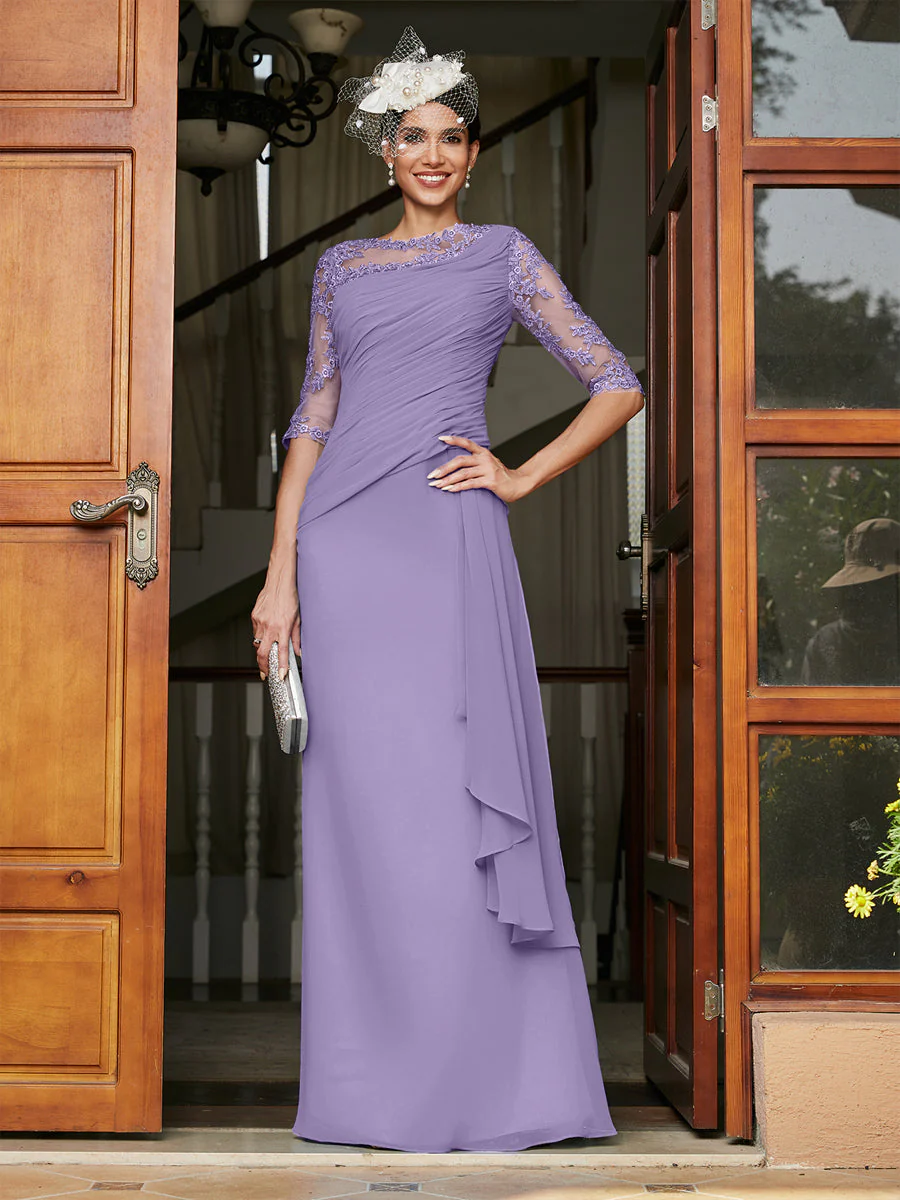 Sheath/Column Scoop Half Sleeves Long Evening Dresses with Appliques - Image 43