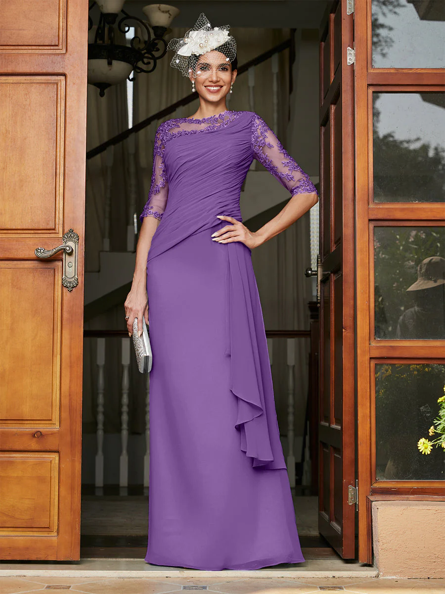 Sheath/Column Scoop Half Sleeves Long Evening Dresses with Appliques - Image 44