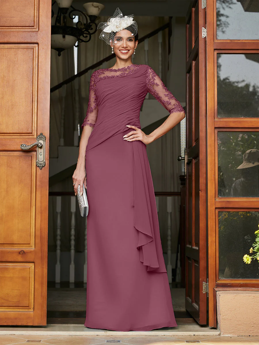 Sheath/Column Scoop Half Sleeves Long Evening Dresses with Appliques - Image 45