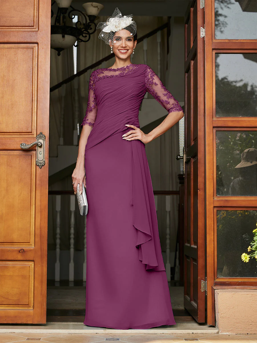Sheath/Column Scoop Half Sleeves Long Evening Dresses with Appliques - Image 46