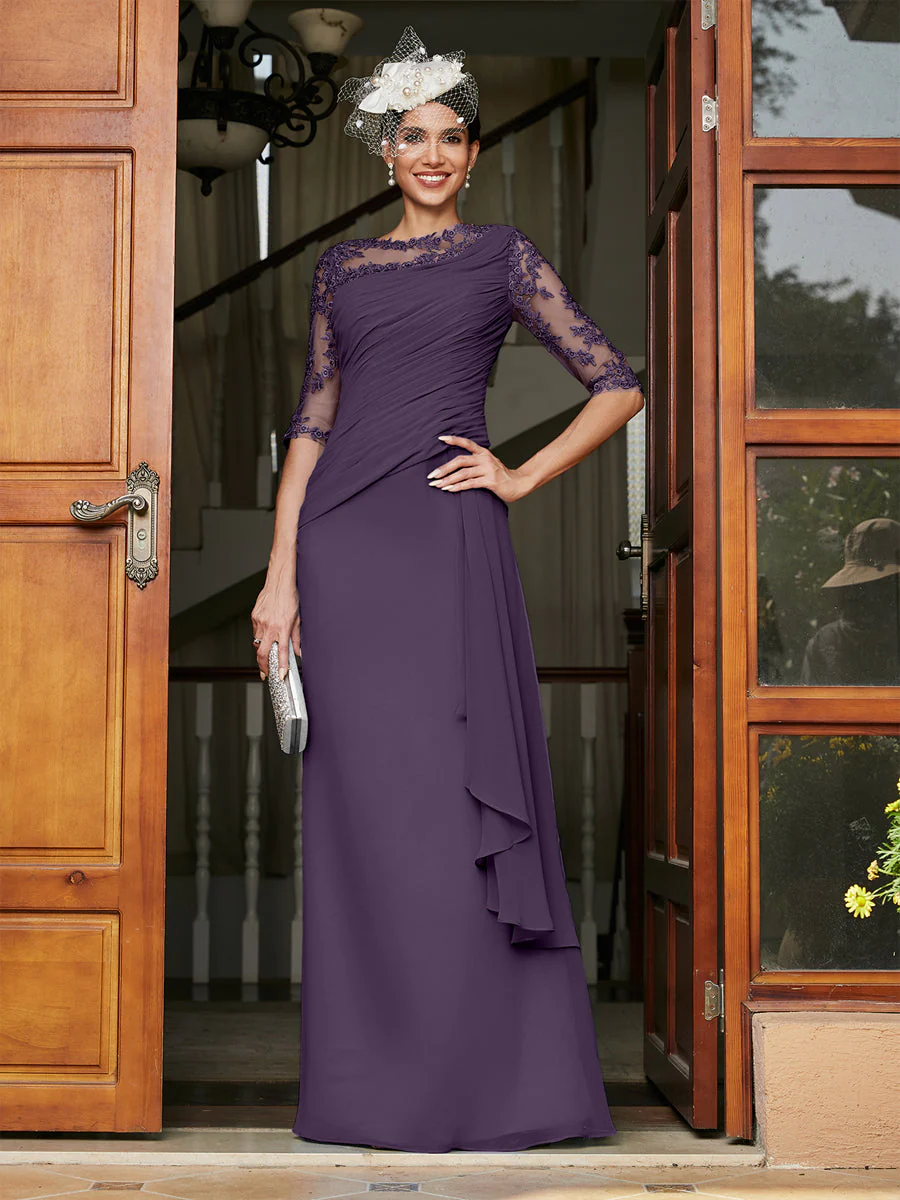 Sheath/Column Scoop Half Sleeves Long Evening Dresses with Appliques - Image 47