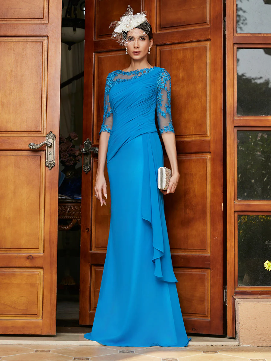 Sheath/Column Scoop Half Sleeves Long Evening Dresses with Appliques - Image 5