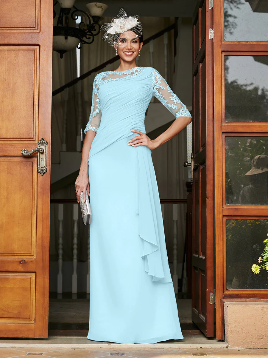 Sheath/Column Scoop Half Sleeves Long Evening Dresses with Appliques - Image 51