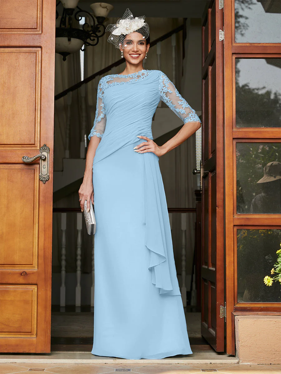 Sheath/Column Scoop Half Sleeves Long Evening Dresses with Appliques - Image 52
