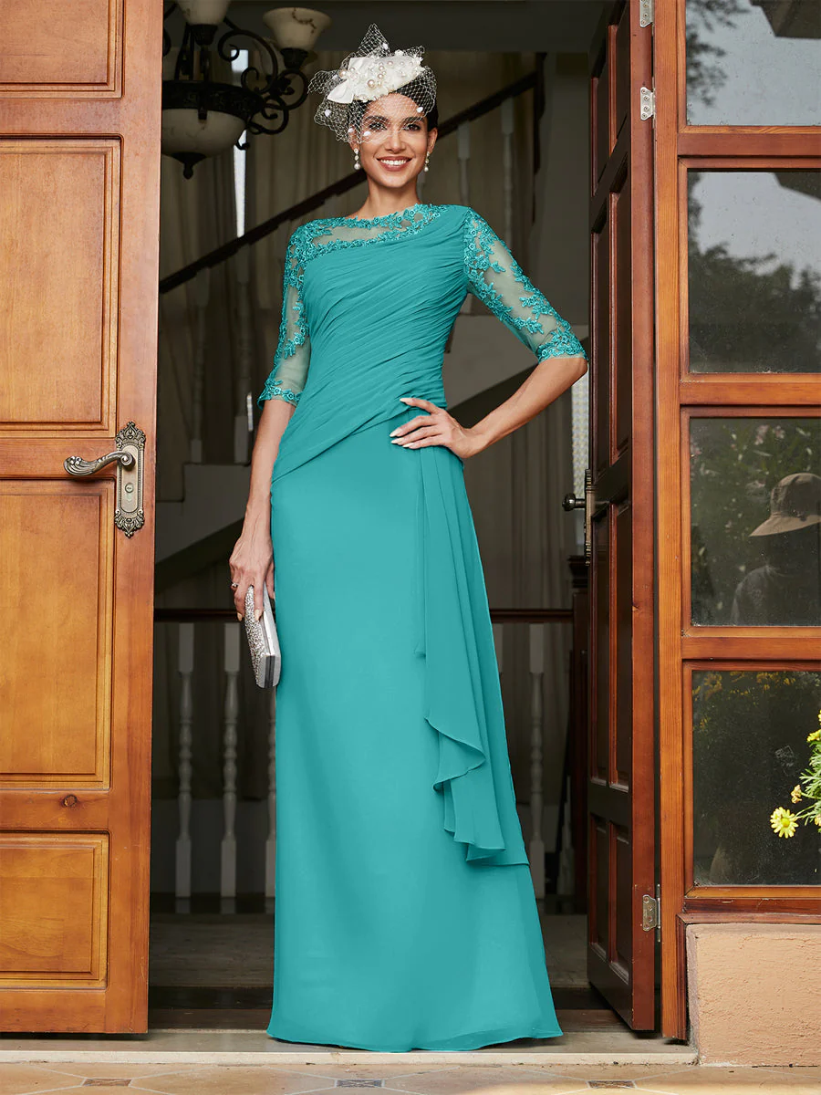 Sheath/Column Scoop Half Sleeves Long Evening Dresses with Appliques - Image 54