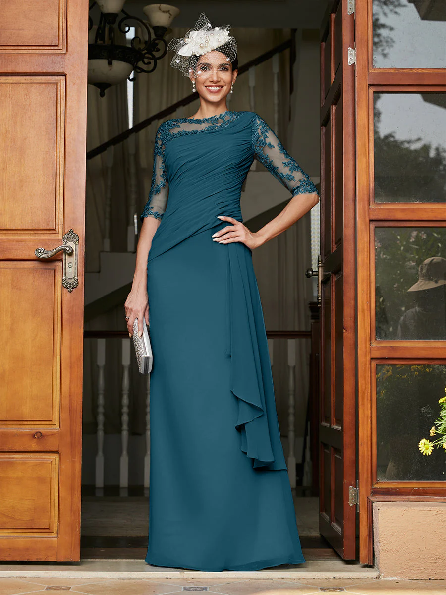 Sheath/Column Scoop Half Sleeves Long Evening Dresses with Appliques - Image 59