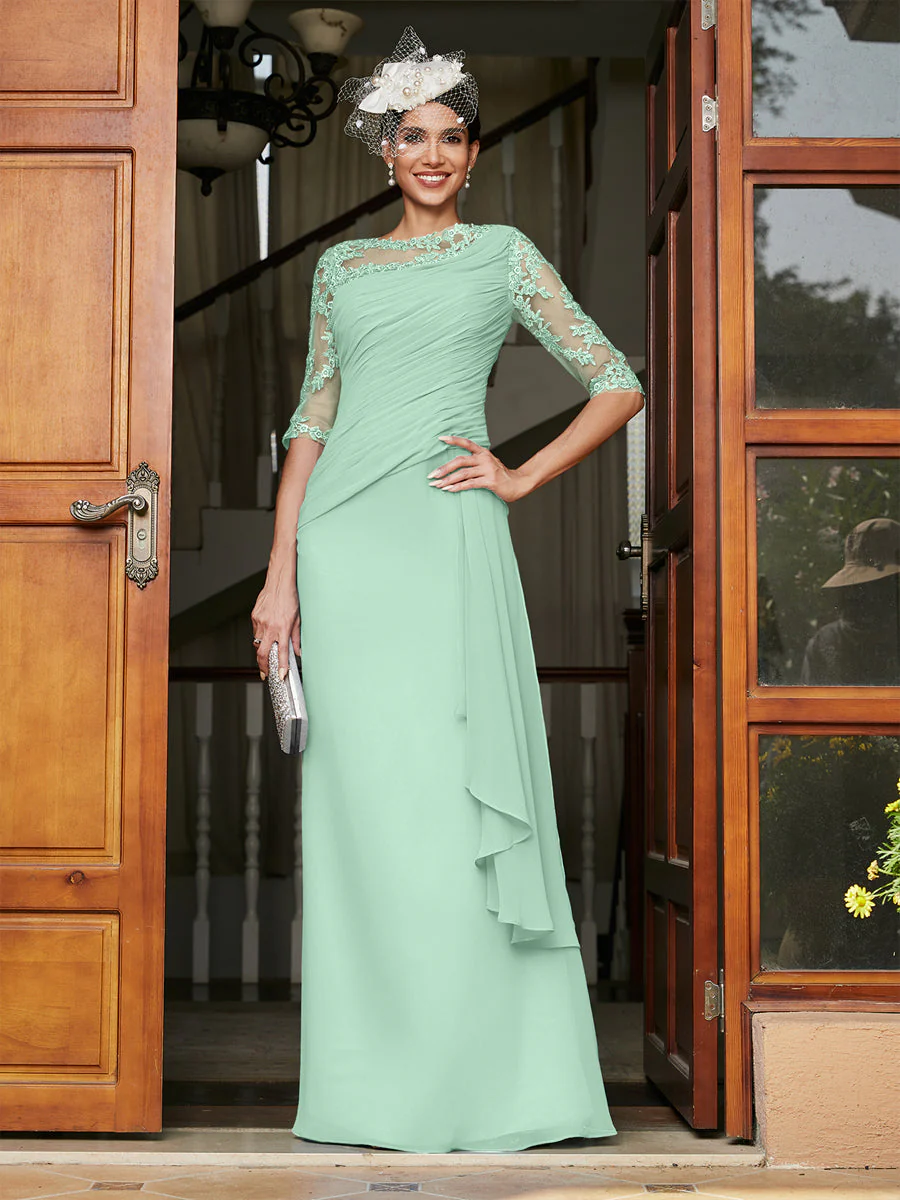 Sheath/Column Scoop Half Sleeves Long Evening Dresses with Appliques - Image 62