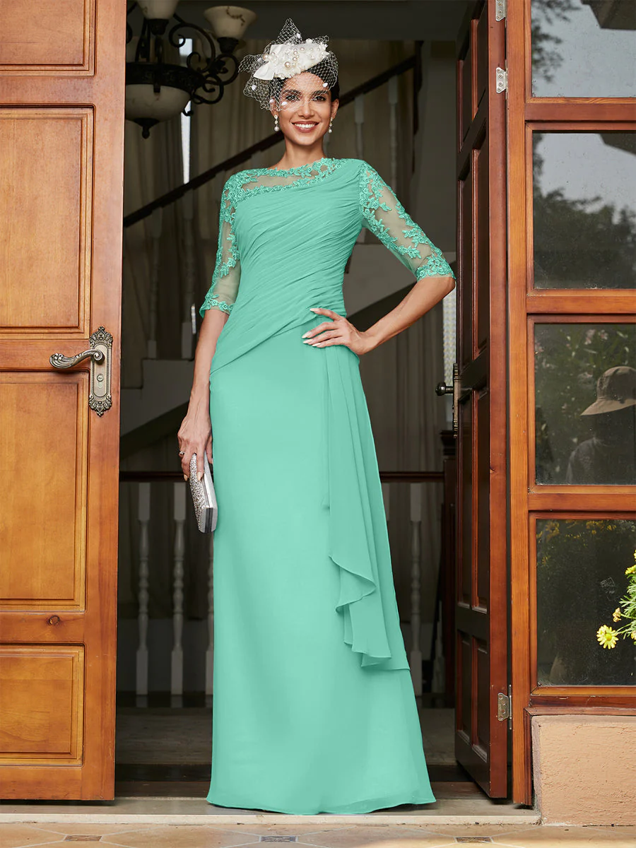 Sheath/Column Scoop Half Sleeves Long Evening Dresses with Appliques - Image 63