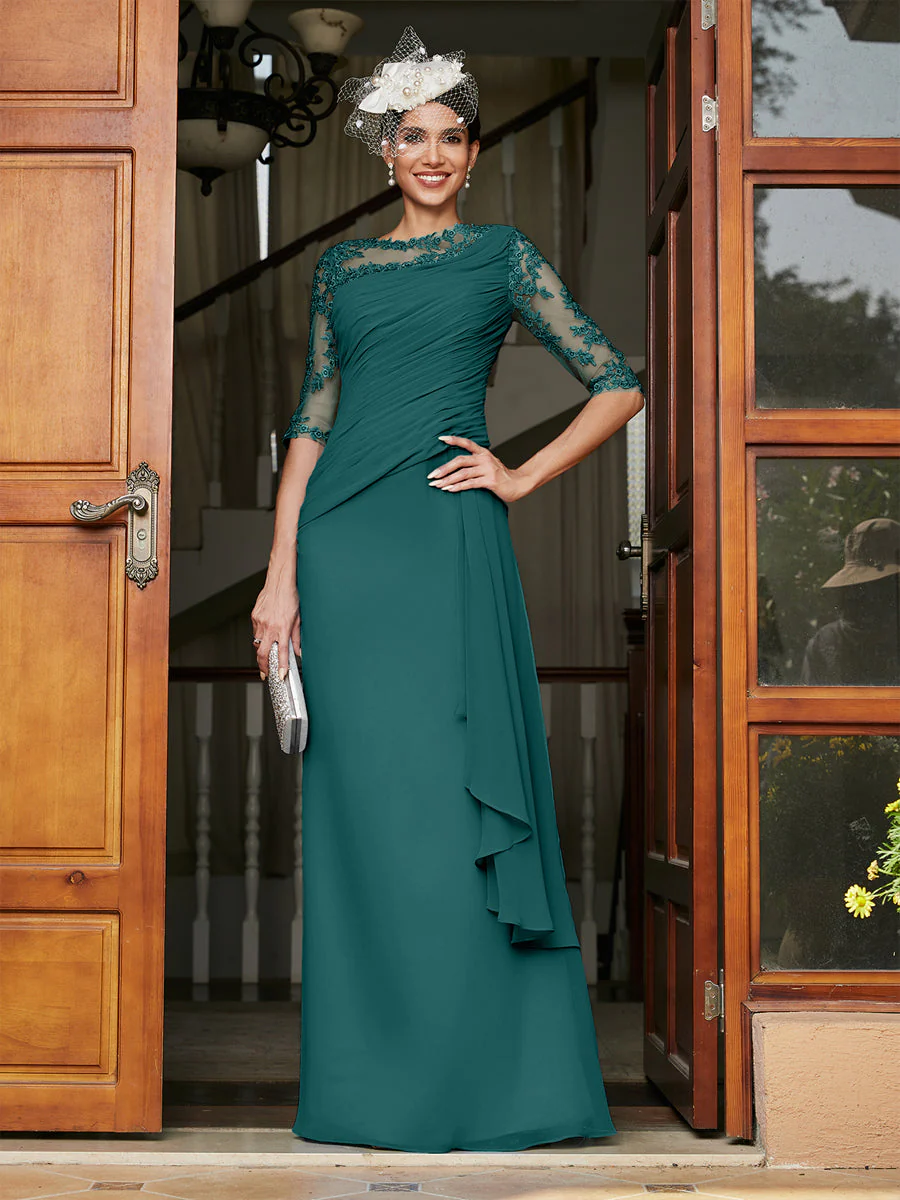 Sheath/Column Scoop Half Sleeves Long Evening Dresses with Appliques - Image 67