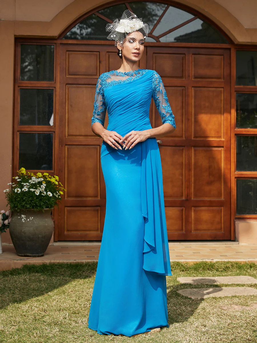 Sheath/Column Scoop Half Sleeves Long Evening Dresses with Appliques - Image 7
