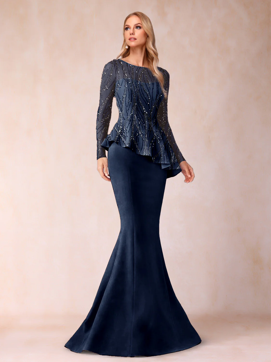 Sheath/Column Scoop Long Sleeves Floor-Length Mother of the Bride Dresses with Rhinestone - Image 10