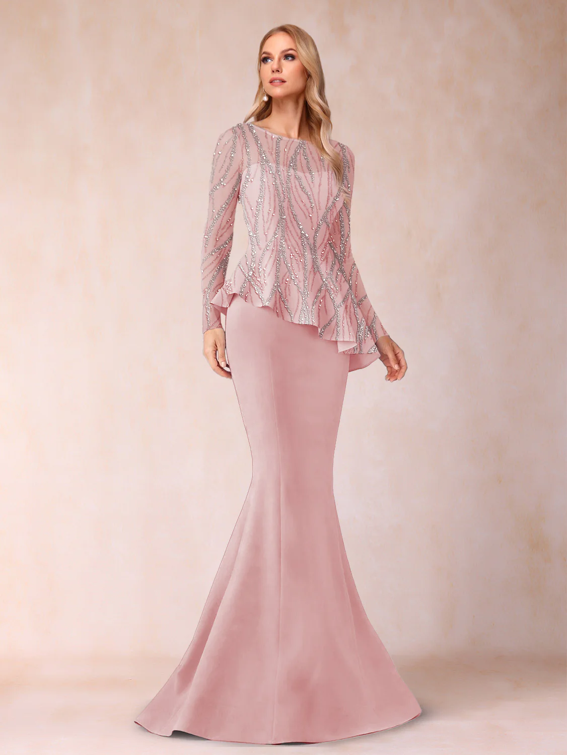 Sheath/Column Scoop Long Sleeves Floor-Length Mother of the Bride Dresses with Rhinestone - Image 19