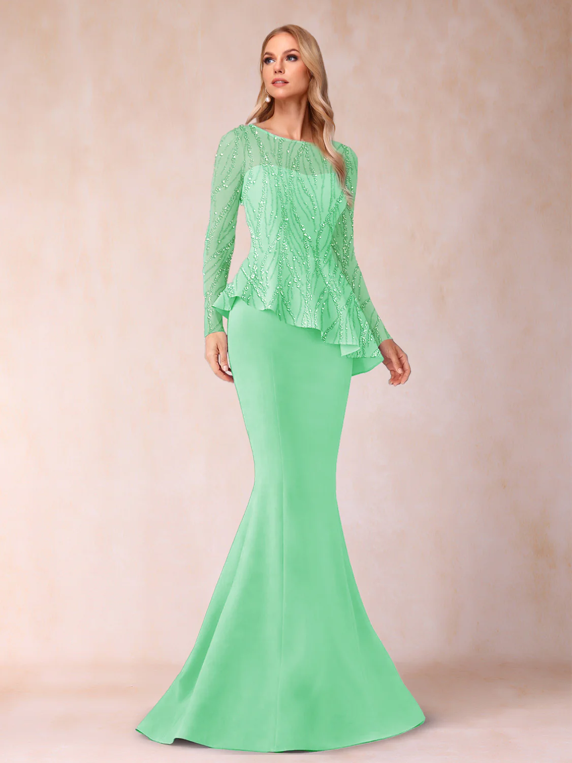 Sheath/Column Scoop Long Sleeves Floor-Length Mother of the Bride Dresses with Rhinestone - Image 28