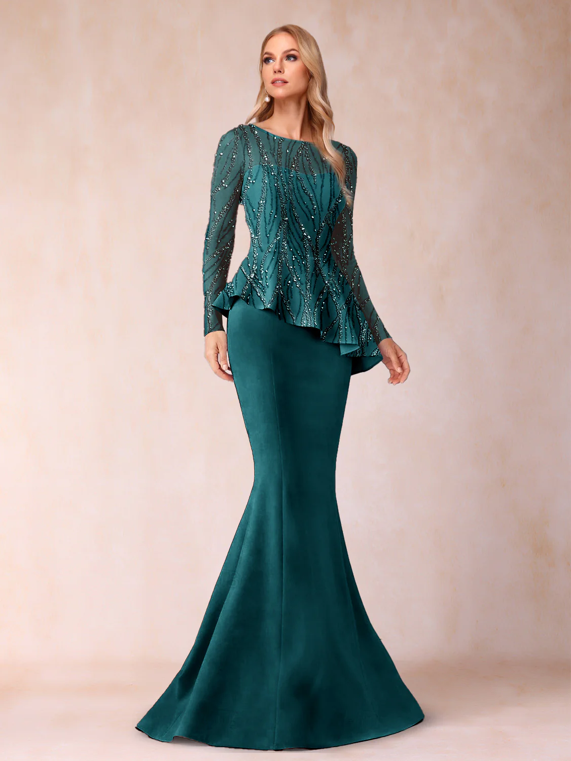 Sheath/Column Scoop Long Sleeves Floor-Length Mother of the Bride Dresses with Rhinestone - Image 45
