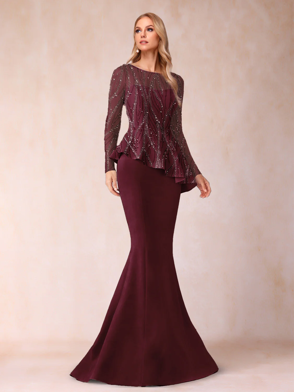Sheath/Column Scoop Long Sleeves Floor-Length Mother of the Bride Dresses with Rhinestone - Image 48