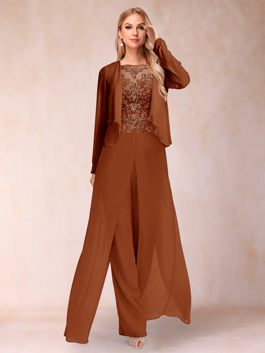Sheath/Column Scoop Long Sleeves Jumpsuit with Applique & Jacket - Image 10