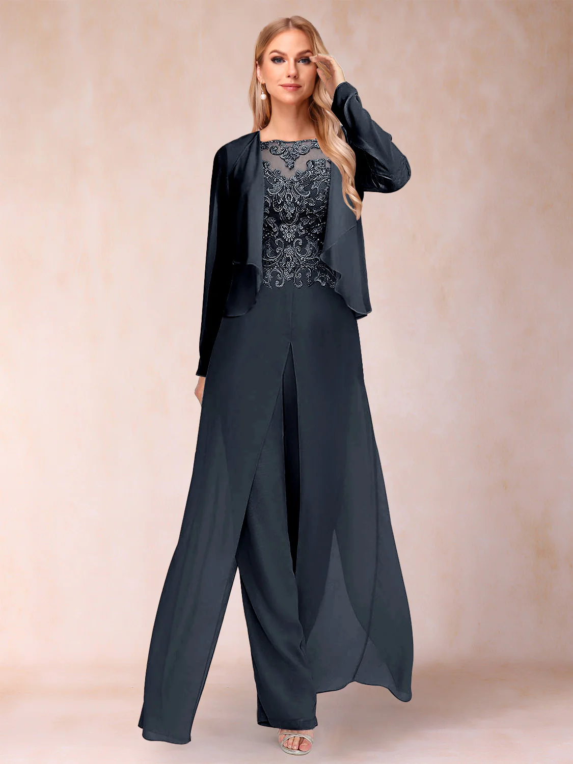 Sheath/Column Scoop Long Sleeves Jumpsuit with Applique & Jacket - Image 41