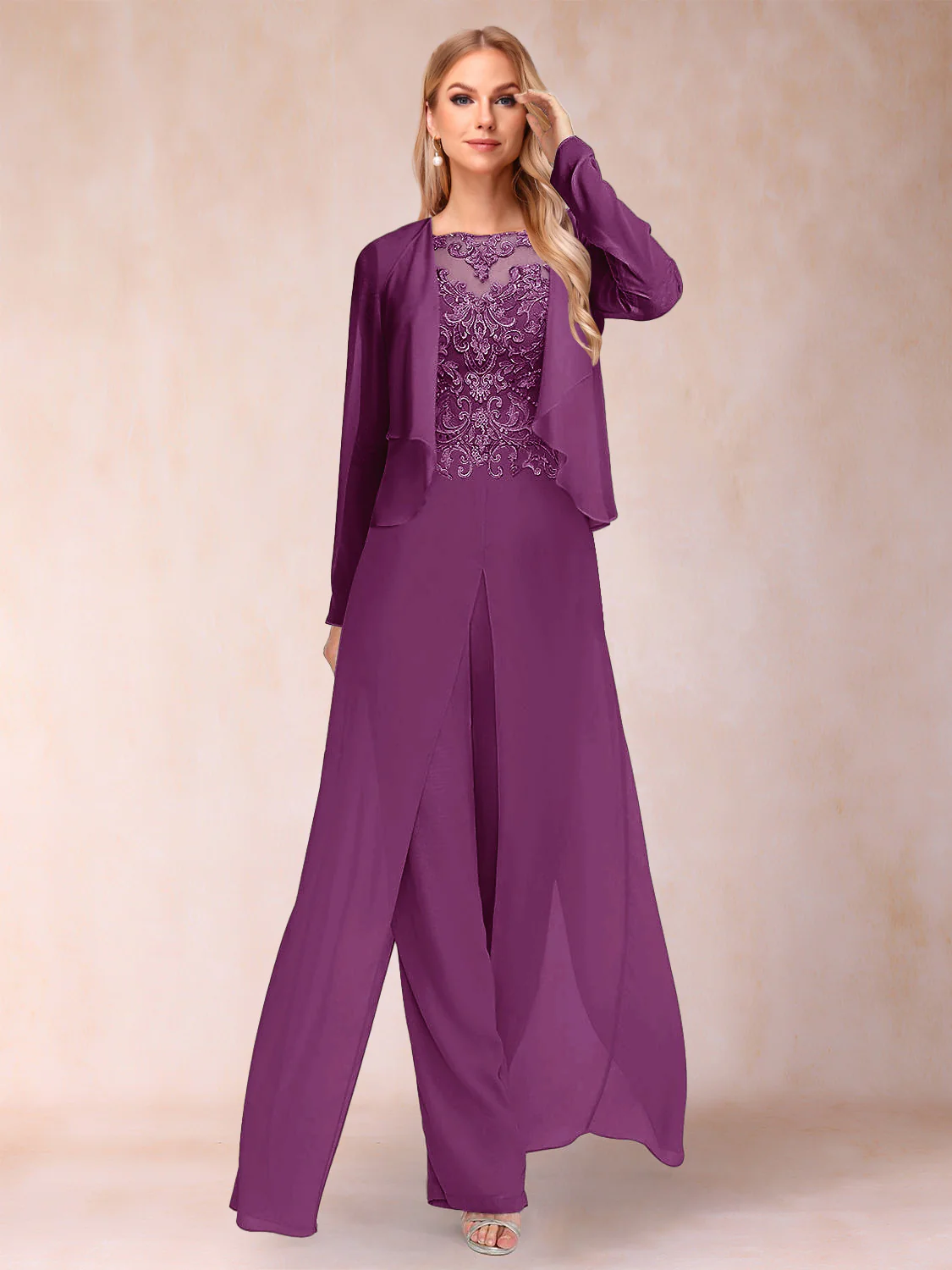 Sheath/Column Scoop Long Sleeves Jumpsuit with Applique & Jacket - Image 51