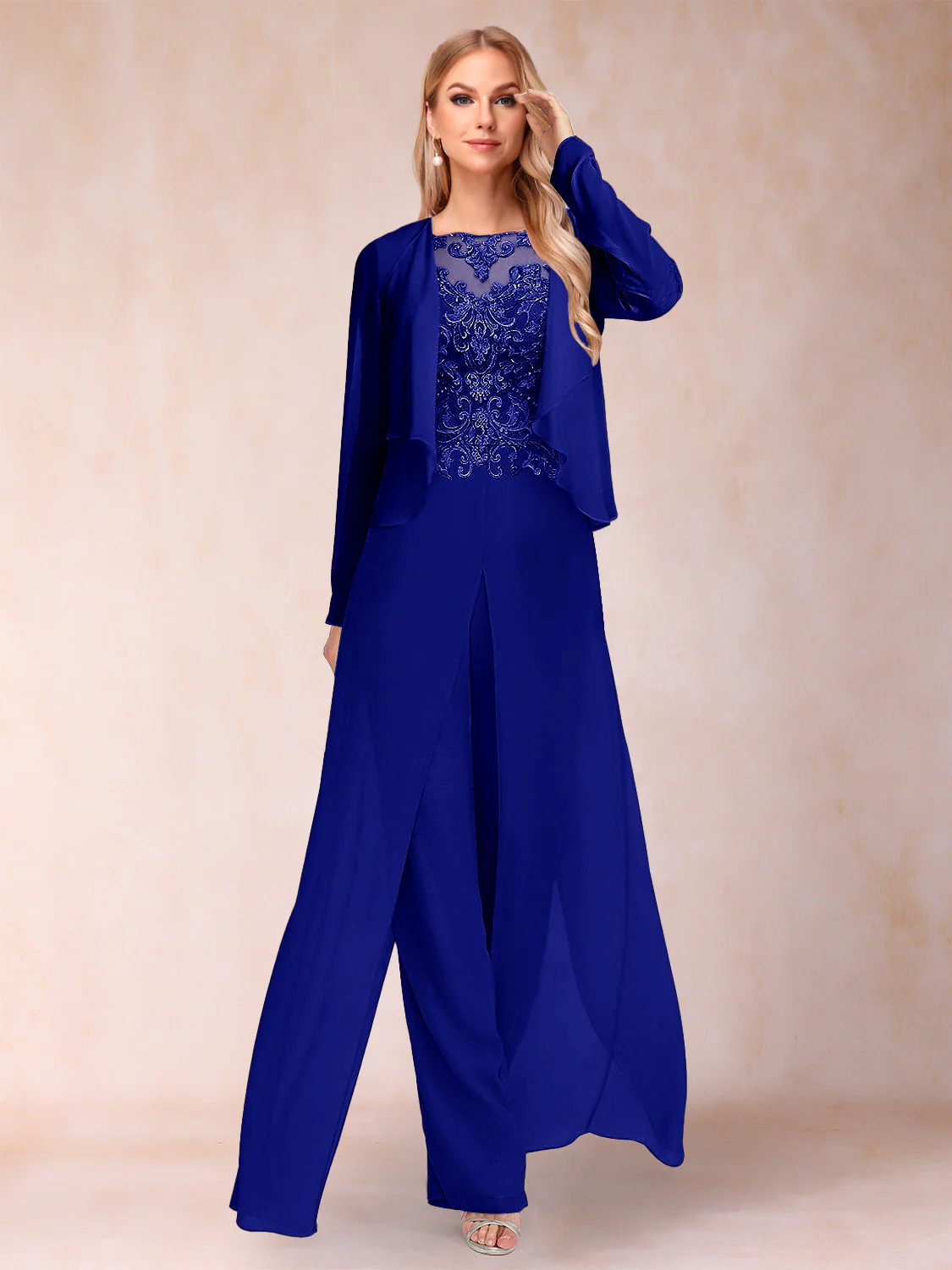 Sheath/Column Scoop Long Sleeves Jumpsuit with Applique & Jacket - Image 58