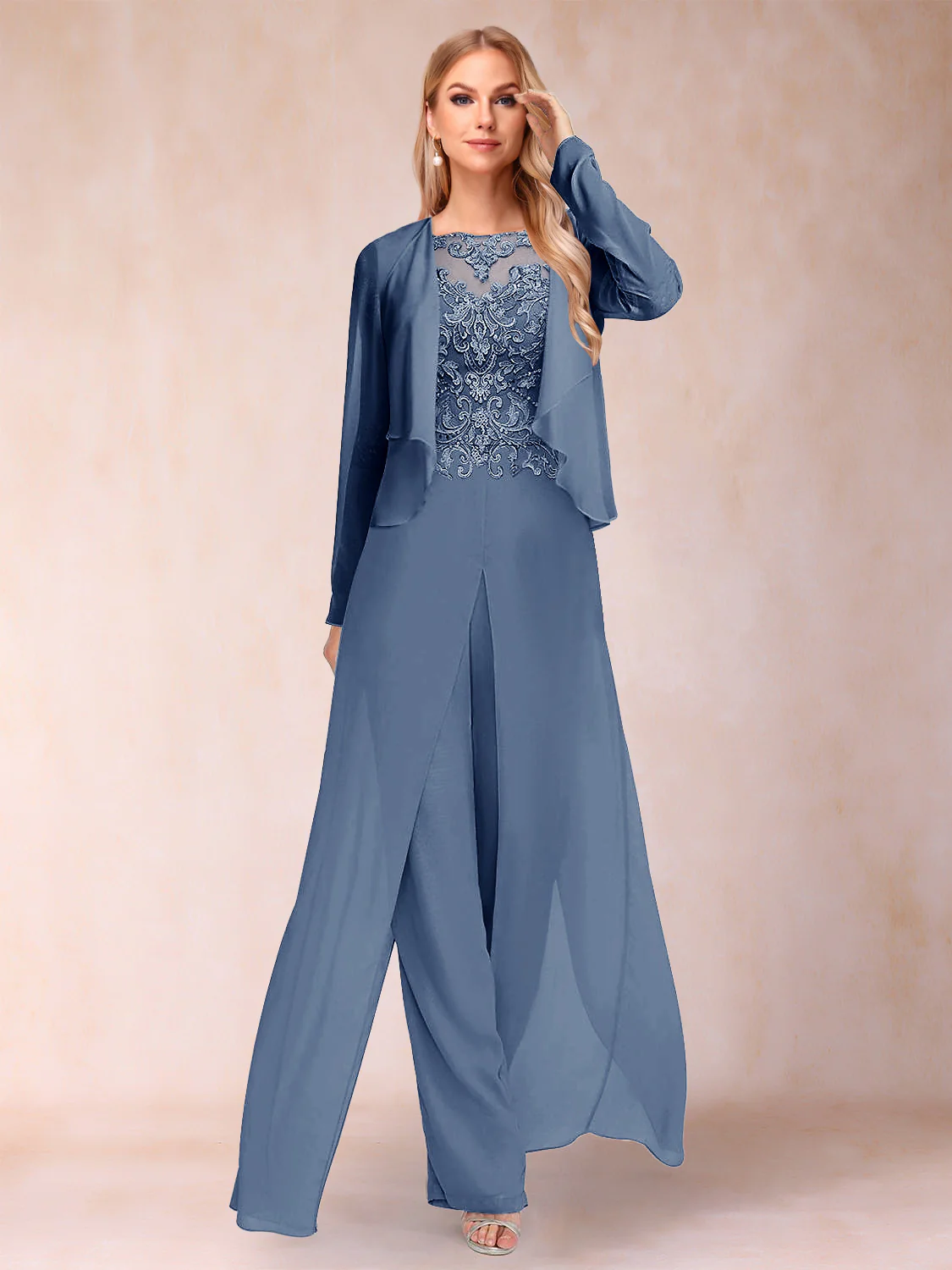 Sheath/Column Scoop Long Sleeves Jumpsuit with Applique & Jacket - Image 66