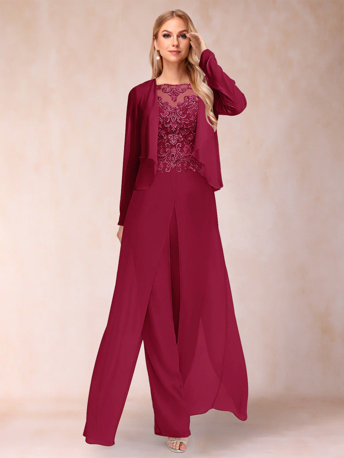 Sheath/Column Scoop Long Sleeves Jumpsuit with Applique & Jacket - Image 72