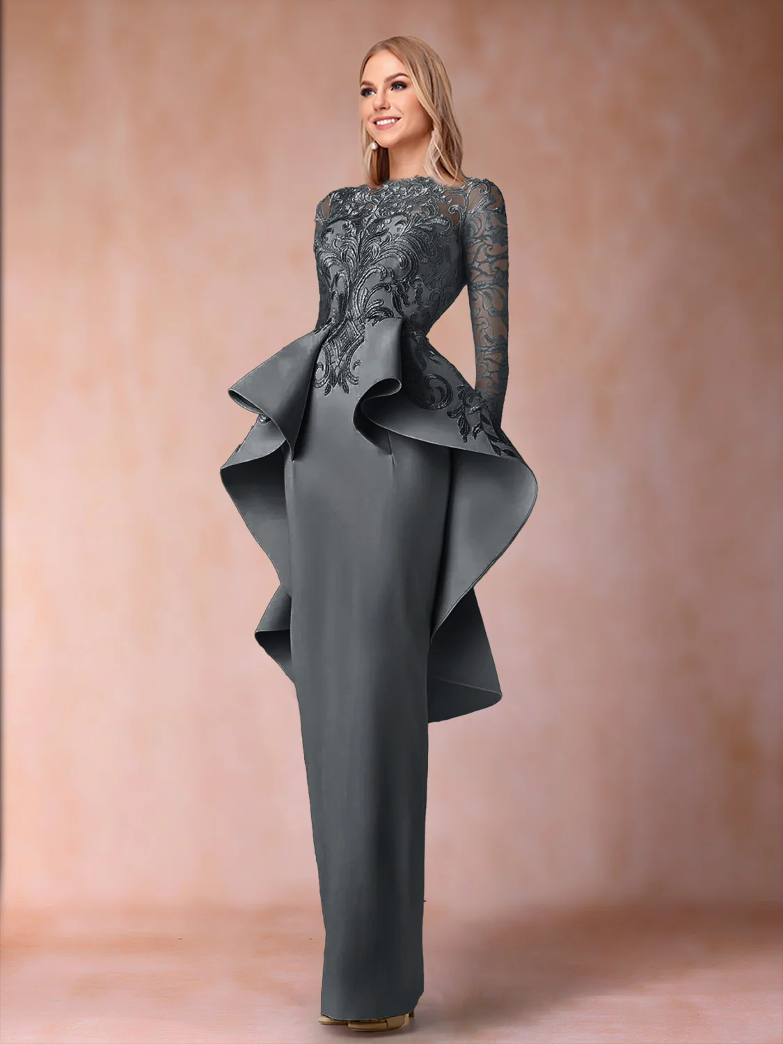 Sheath/Column Scoop Long Sleeves Mother of the Bride Dresses with Applique - Image 16