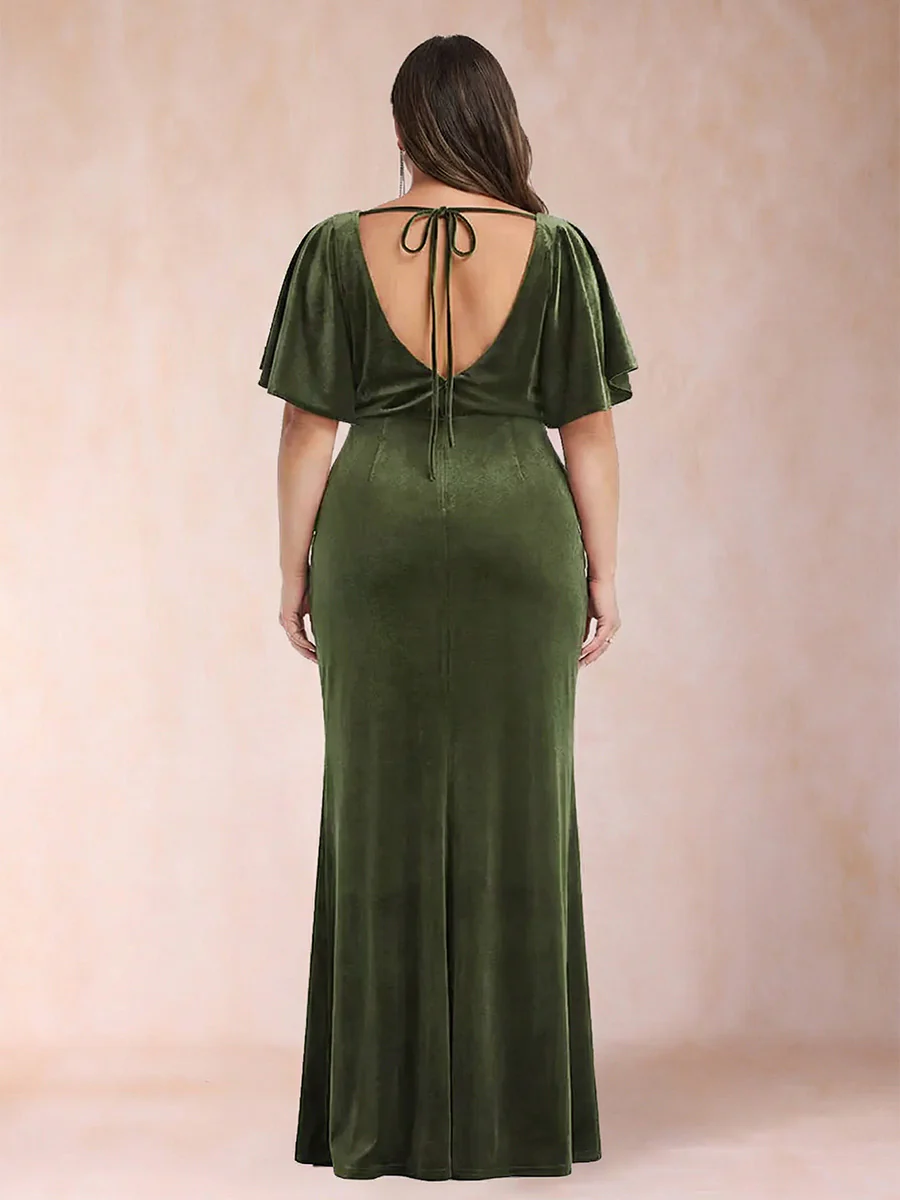Sheath/Column Scoop Short Sleeves Plus Size Evening Dresses with Split Side & Ruffles - Image 2