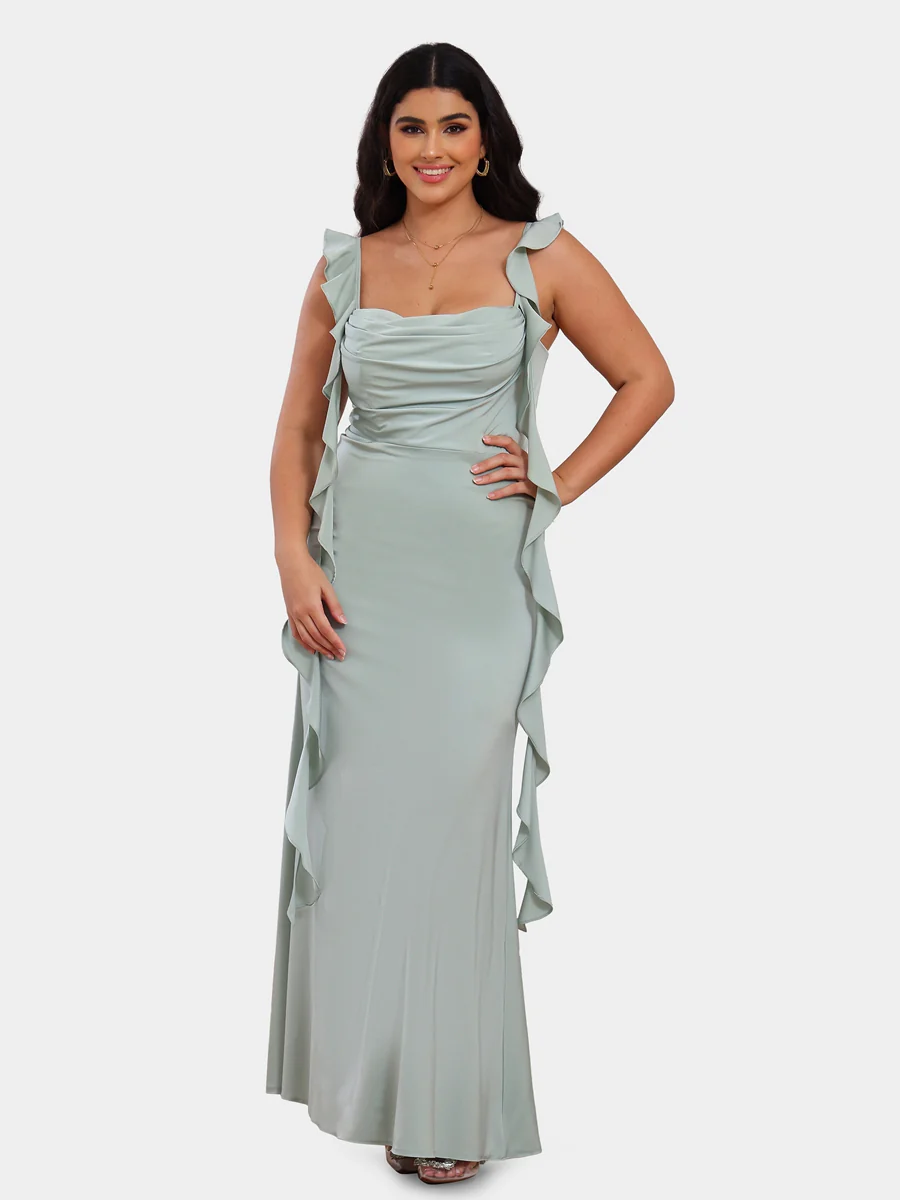 Sheath/Column Scoop Sleeveless Bridesmaid Dresses with Watteau Train - Image 3