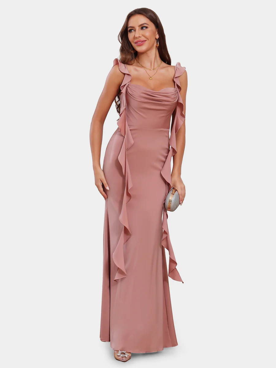 Sheath/Column Scoop Sleeveless Bridesmaid Dresses with Watteau Train - Image 4